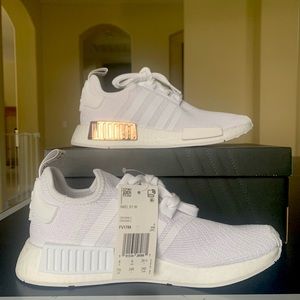 White Adidas NMD_R1s rose gold accents size 7.5